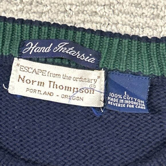 Norm Thompson Sweater Mens Large Navy Blue Golf Clubs Graphic Hand Knit Vintage - Picture 4 of 7